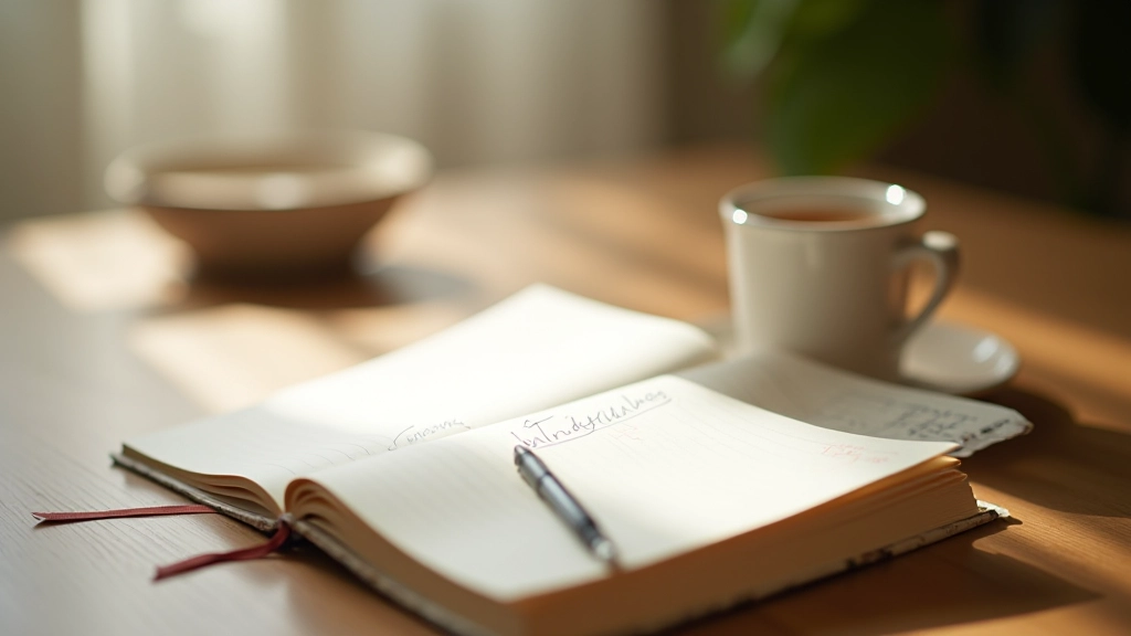 Caderno com anotações de mindfulness e xícara de chá em mesa de madeira